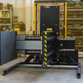 stationary pallet changer side mover with safety nets
