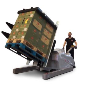 Mobile pallet inverter handling fragile boxes with chips inside