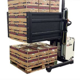 Forklift using a layer picker attachment to move pallets