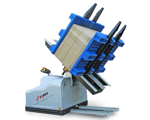 A pile turner machine rotating a stack of paper with precision.